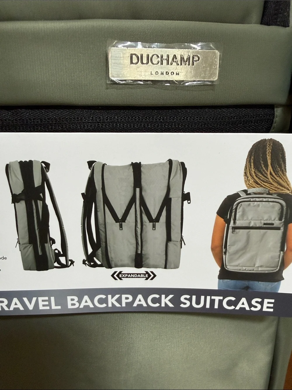 Duchamp Olive Green Expandable Travel Backpack/Suitcase w/ laptop pocket & USB.